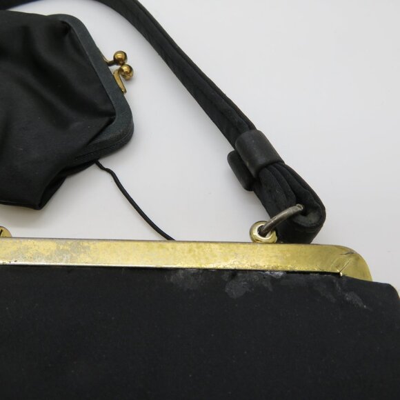 Vintage Handheld Black Satin Purse Bag After Five Mother Pearl Frame Top Handle - Picture 16 of 16